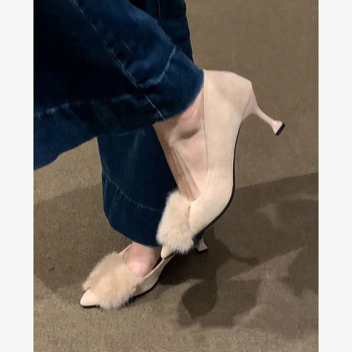 Damen elegante High Heel Pumps mit luxuriösem Fellbesatz EB