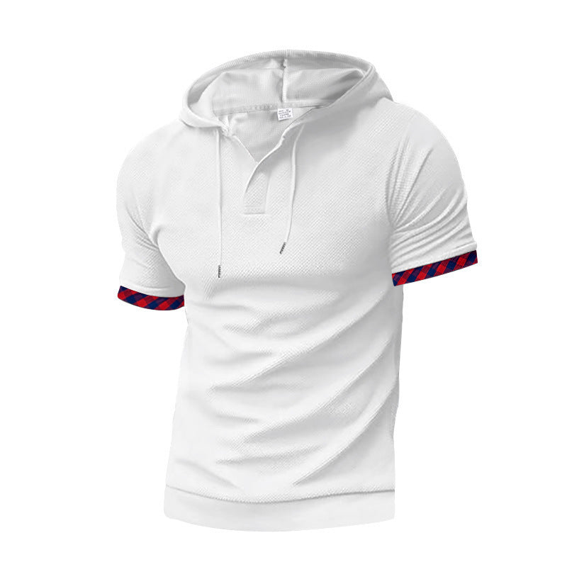 Herren nan schmal geschnittenes Kurzarm-Kapuzenshirt im Polostil mit Henley-Ausschnitt und karierter Ärmelmanschette EB