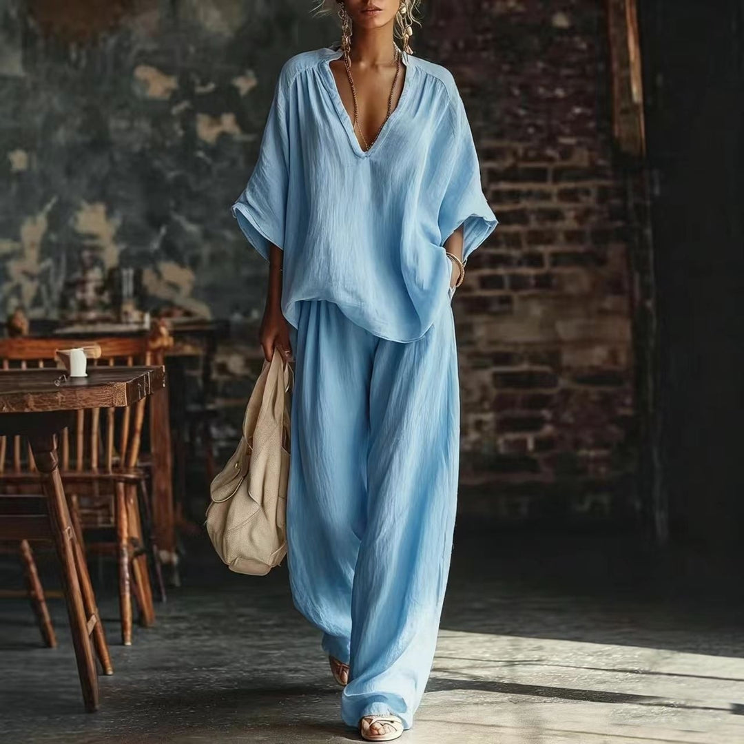 Damen nan lässiges zweiteiliges Leinenoptik-Set mit tiefem V-Ausschnitt, Oversize-Bluse und weitem Palazzo-Hosen EB