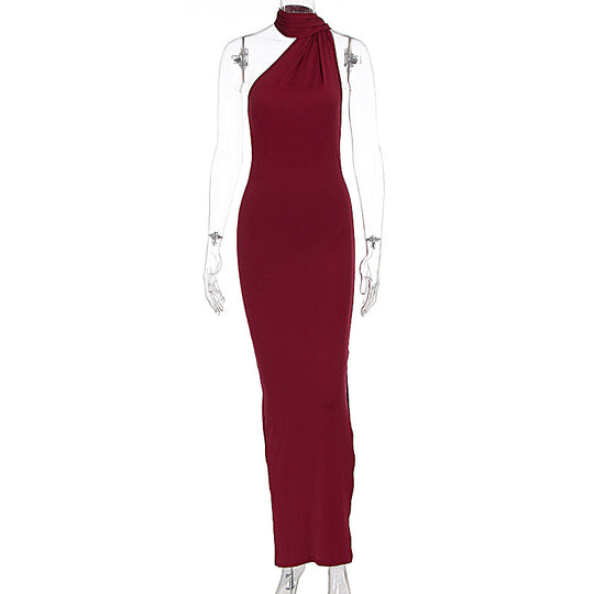 Damen Elegantes Maxikleid mit innovativem Wickeldesign und asymmetrischem Halterhals EB