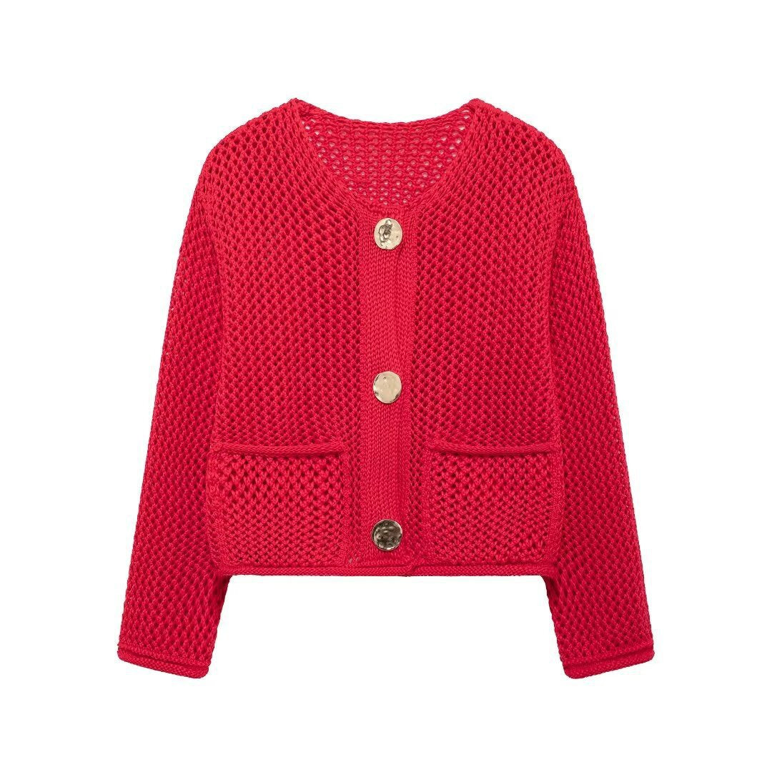 Damen luftiger Strickjacke mit dekorativem Netzdesign und praktischen Taschen EB