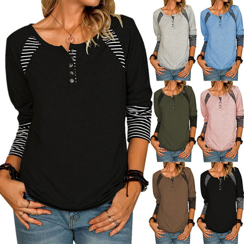 Damen lässiges Langarmshirt mit gestreiften Farbblockdetails und Knopfverschluss EB