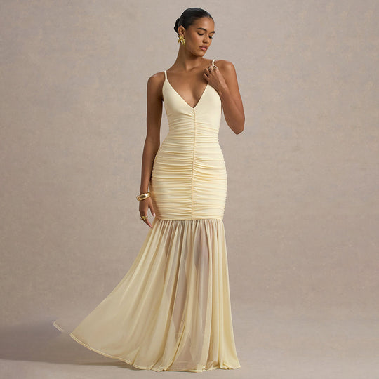 Damen Elegantes bodenlanges Kleid mit raffinierten Rüschendetails EB