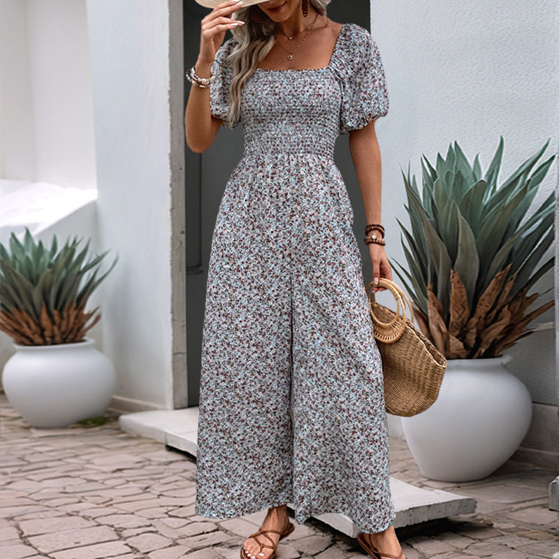 Damen farbenfrohes Blumensommeroverall mit Puffärmeln EB