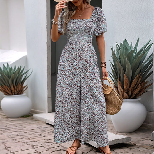 Damen farbenfrohes Blumensommeroverall mit Puffärmeln EB