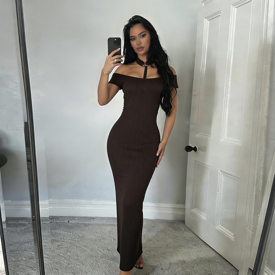 Damen Off-Shoulder Maxikleid mit elegantem Choker EB