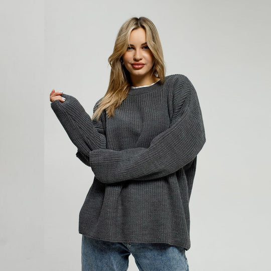 Damen Grob gestrickter Komfortpullover mit Rundhalsausschnitt EB