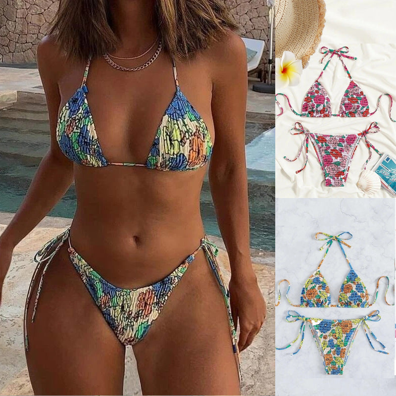 Damen Triangel-Bikini mit floralem Design und verstellbaren Bindebändern EB