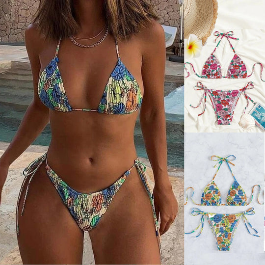 Damen Triangel-Bikini mit floralem Design und verstellbaren Bindebändern EB
