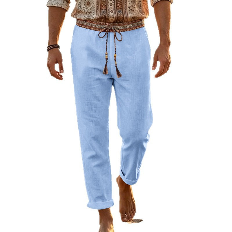 Herren nan maritime Leinen-Loungehose mit dekorativem Ethno-Bund, elastischem Tunnelzug und geradem Bein EB