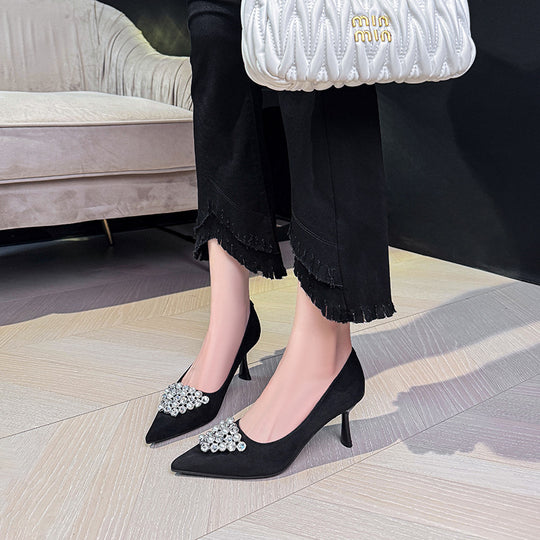 Damen elegante spitze Pumps mit strassverzierter Schleife EB