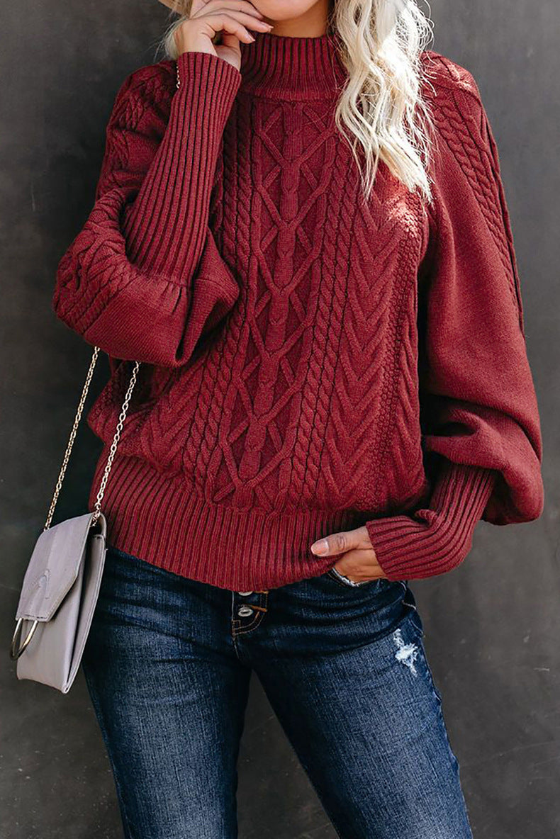 Damen Grobstrickpullover mit hohen Kragen und voluminösen Ärmeln EB