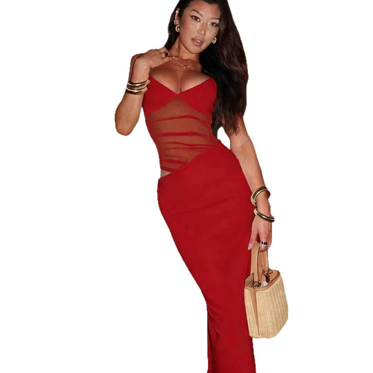 Damen Elegantes Maxikleid mit transparentem Oberteil und figurbetontem Schnitt EB