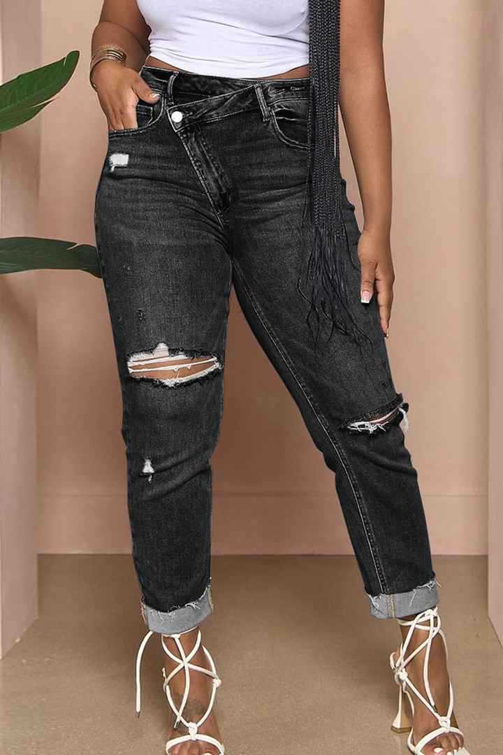 Damen lässige Mom-Jeans mit trendigen Rissen EB