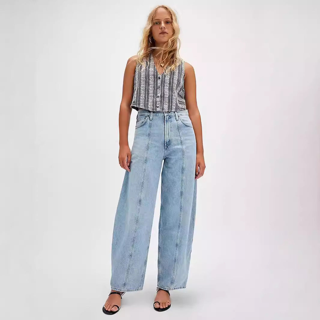 Damen Weite Denim-Hose mit hohem Bund und dekorativem Kordelzug EB
