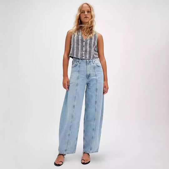 Damen Weite Denim-Hose mit hohem Bund und dekorativem Kordelzug EB