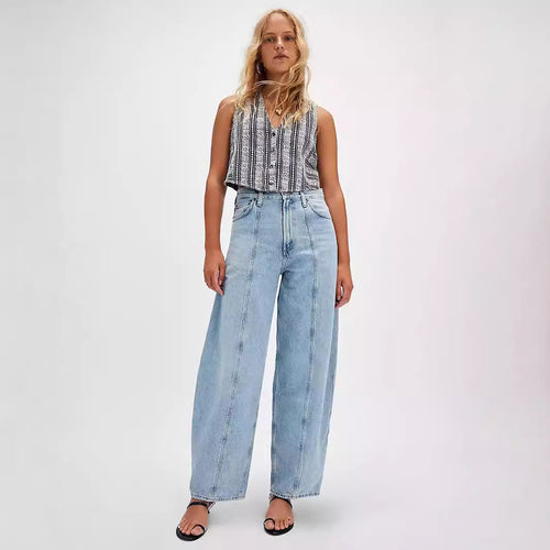 Damen Weite Denim-Hose mit hohem Bund und dekorativem Kordelzug EB
