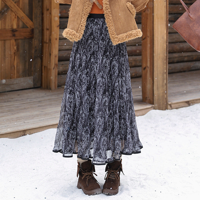 Damen  voluminöser Chiffon-Tellerrock im Paisley-Motiv mit elastischem Taillenbund EB
