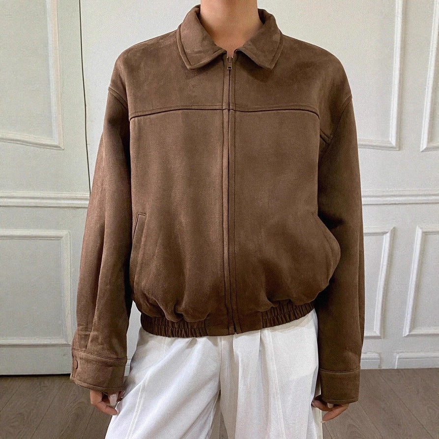 Damen Oversized Wildlederoptik Bomberjacke mit Reißverschluss und elastischem Saum EB