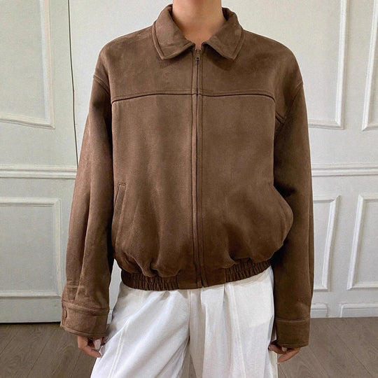 Damen Oversized Wildlederoptik Bomberjacke mit Reißverschluss und elastischem Saum EB