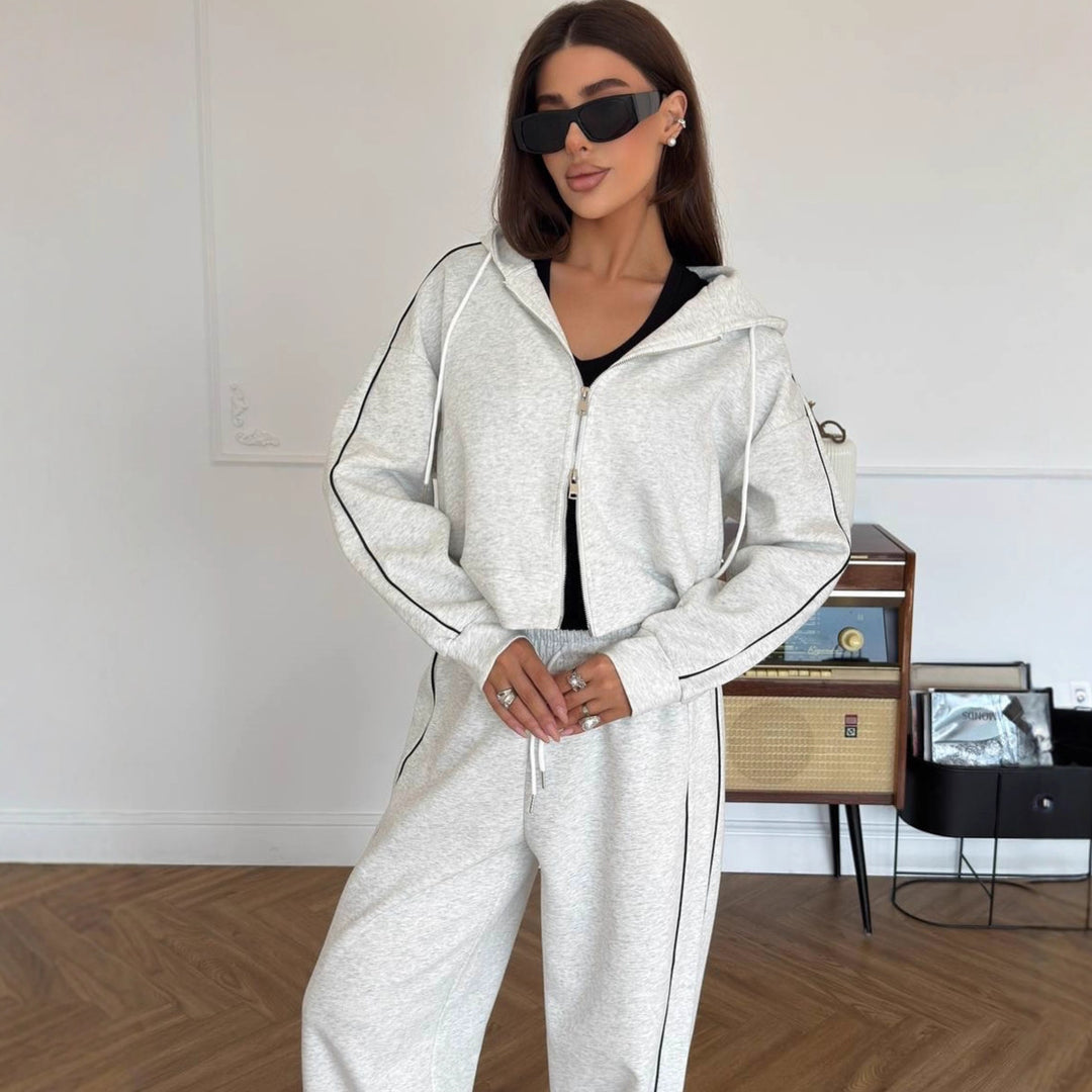 Damen Lässiges zweiteiliges Lounge-Set mit oversized Zipjacke und weitem Kordelzug-Hosenbund EB