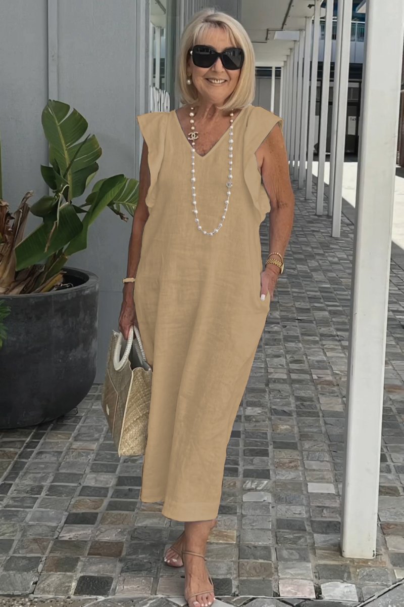 Damen Leichtes Maxikleid mit V-Ausschnitt und seitlichen Taschen EB