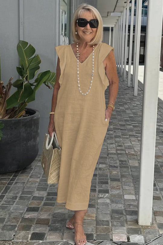 Damen Leichtes Maxikleid mit V-Ausschnitt und seitlichen Taschen EB