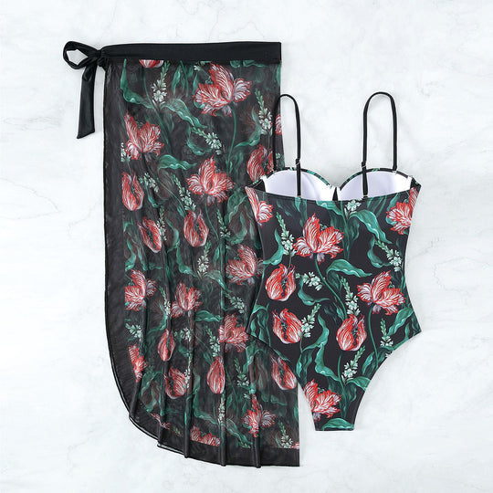 Damen Bademode mit floralem Muster und transparenter Sarong-Hülle EB