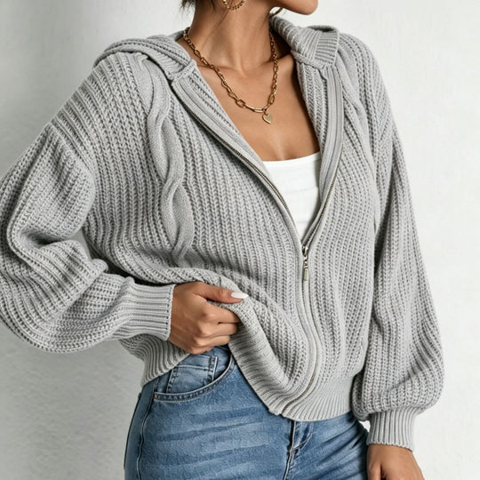 Damen Kapuzen-Cardigan im Grobstrick mit Zopfmuster und Reißverschluss EB