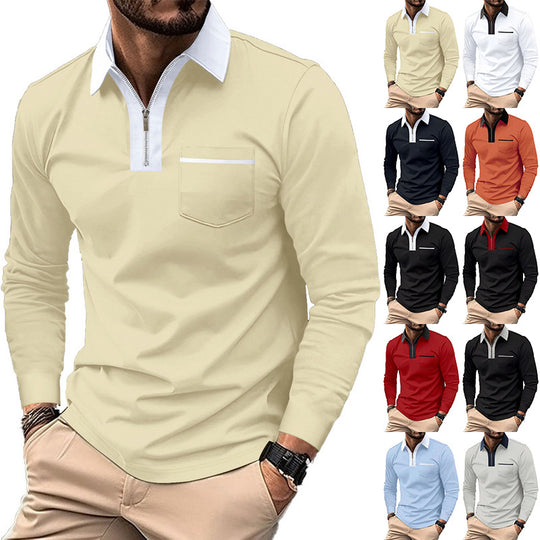 Herren Modisches Langarm-Polohemd mit Reißverschluss und Brusttasche EB