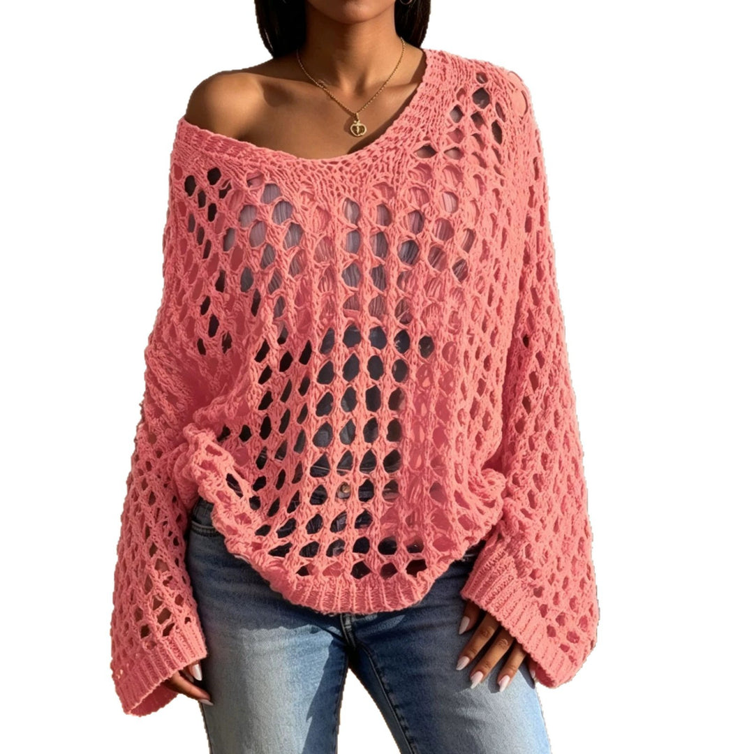 Damen Lockerer gehäkelter Oversize-Ajour-Pullover mit V-Ausschnitt EB