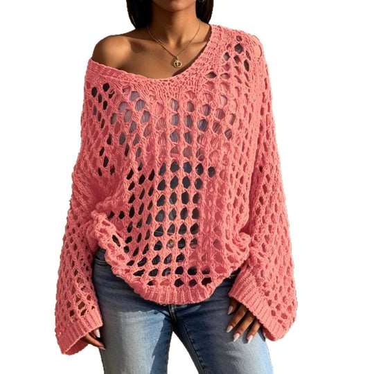 Damen Lockerer gehäkelter Oversize-Ajour-Pullover mit V-Ausschnitt EB
