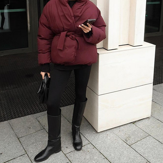 Damen Oversized Steppjacke mit Gürtel und hohem Kragen EB