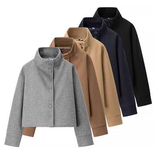 Damen nan cropped Wollmix-Jacke mit hohem Stehkragen, kastiger Passform und verdeckter Knopfleiste EB