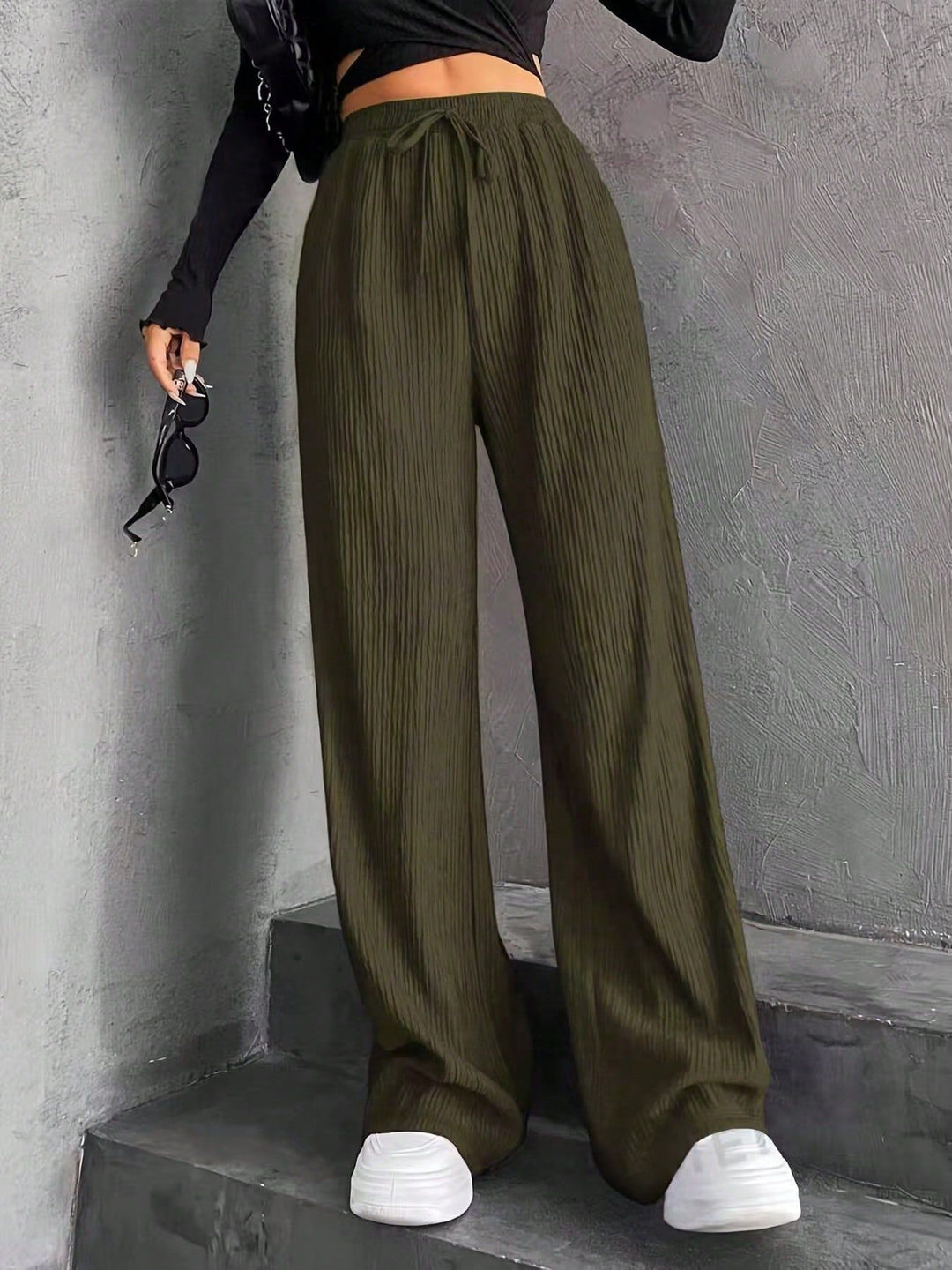 Damen weite Pluderhose mit geripptem Design und elastischem Taillenbund EB