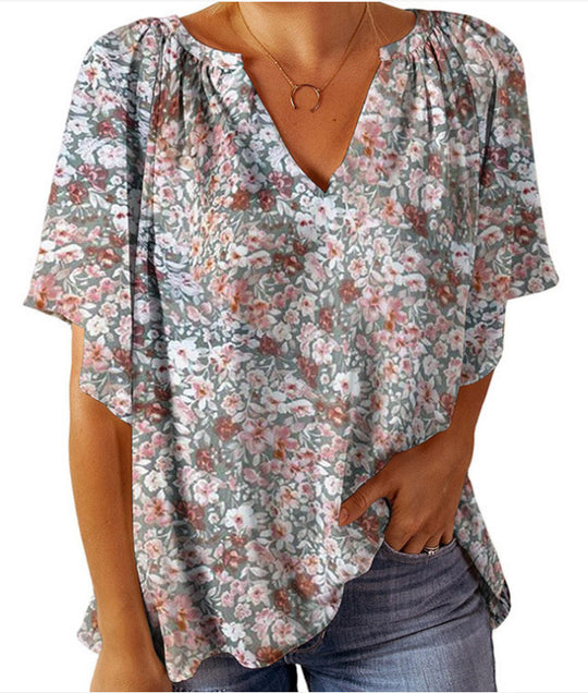 Damen Blusenshirt mit floralem Design und V-Ausschnitt EB