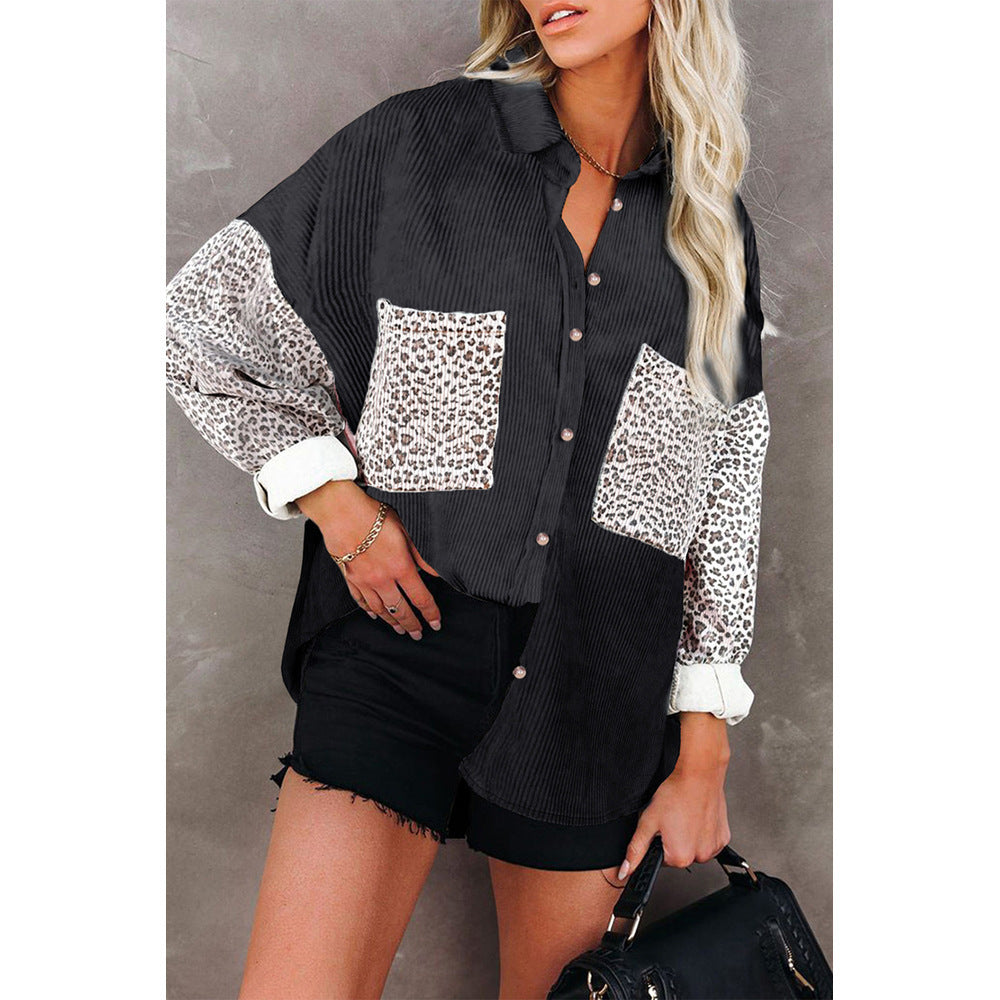 Damen nan oversized Hemdbluse mit Strukturstoff, Kontrastärmeln im Leo-Print und aufgesetzten Taschen EB