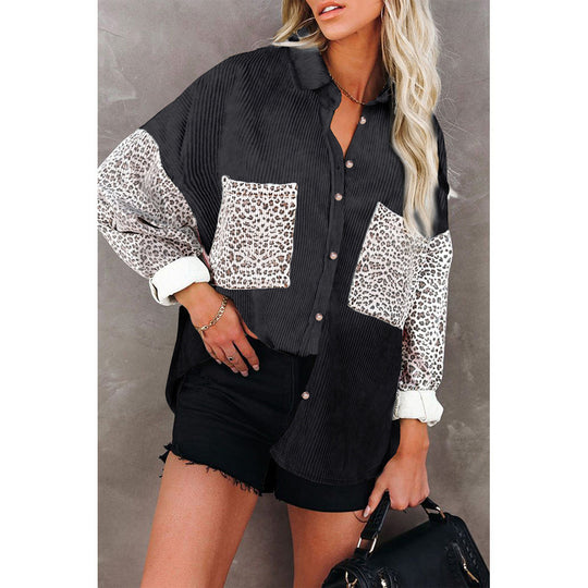 Damen nan oversized Hemdbluse mit Strukturstoff, Kontrastärmeln im Leo-Print und aufgesetzten Taschen EB