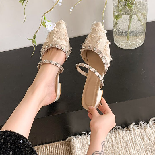Damen elegante Mules mit schimmerndem Riemen und Fransen EB
