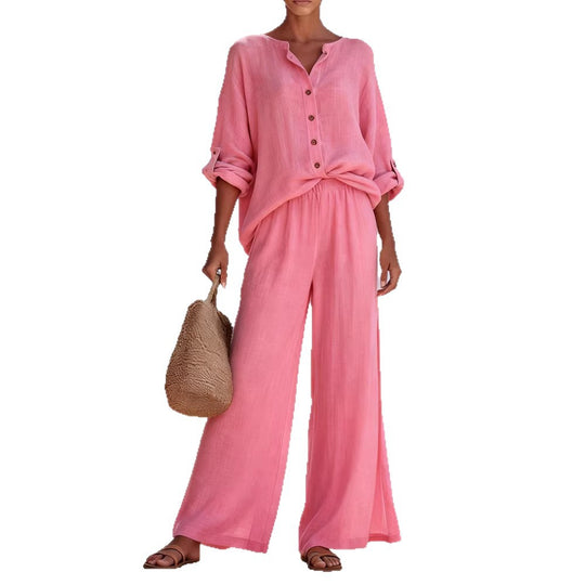 Damen Luftige Leinenbluse und weite Hose EB