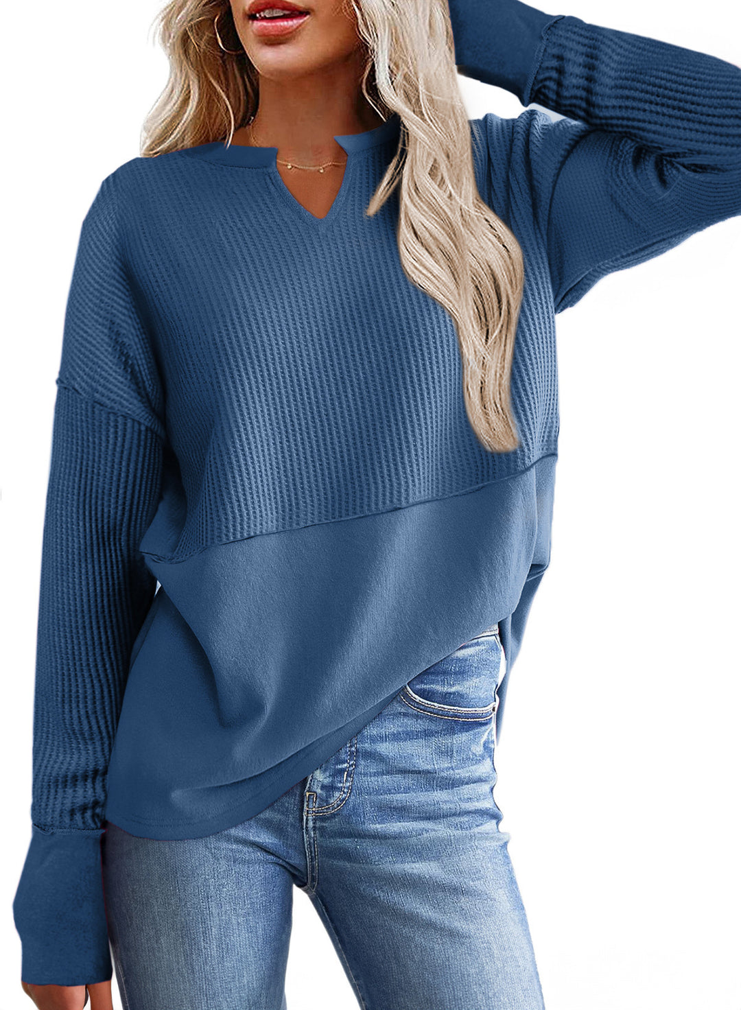 Damen lässiger Knit-Pullover mit V-Ausschnitt und Struktur EB