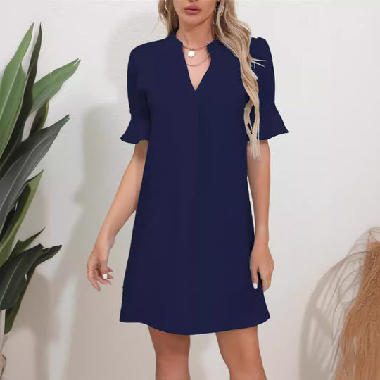 Damen Elegantes Kurzarm-Kleid mit V-Ausschnitt und Schößchen EB