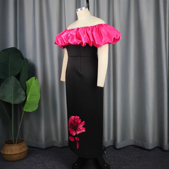 Damen elegantes Maxikleid mit voluminösem Rüschenkragen und floralem Print EB