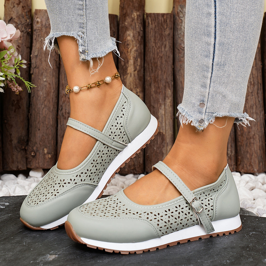 Damen Atmungsaktive Ballerinas mit elegantem Lochmuster und verstellbarem Riemen EB