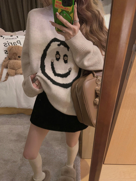 Damen Strickpullover mit lässigem Smile-Motiv und komfortabler Passform EB