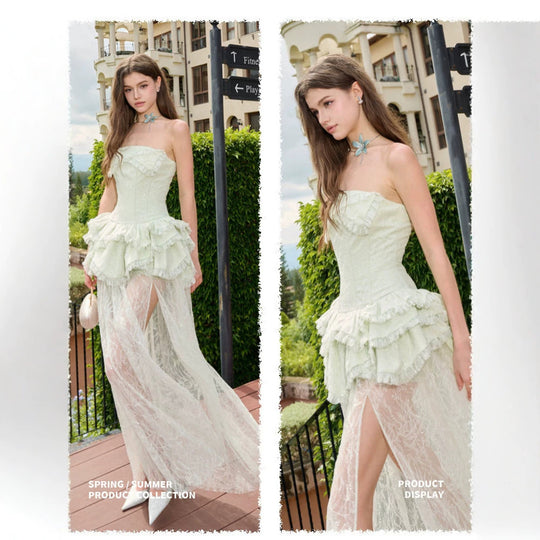 Damen Elegantes und luftiges Abendkleid mit Rüschendetails und transparentem Rock EB