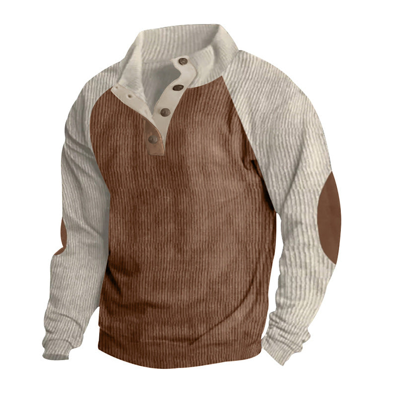 Herren nan thermischer Cordpullover mit Knopfleiste Stehkragen Raglanärmeln und Ellenbogenaufnähern EB