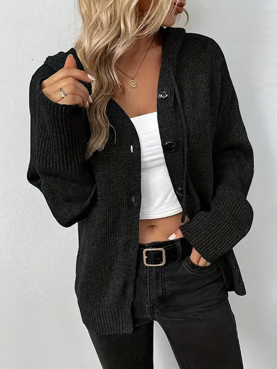 Damen Strickjacke mit Kapuze und Knopfverschluss EB
