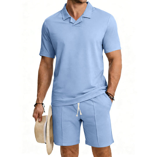 Herren nan kurzärmeliges Polo-Lounge-Set mit V-Einsatz am Kragen und Kordelzug-Bermuda EB
