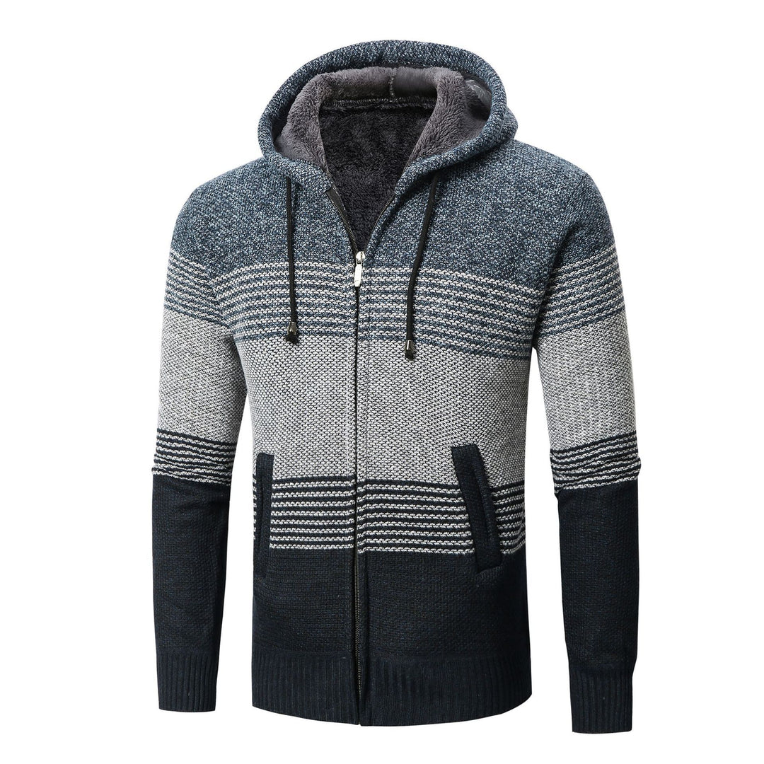Herren Strickjacke mit Kapuze und modernen Blockstreifen EB